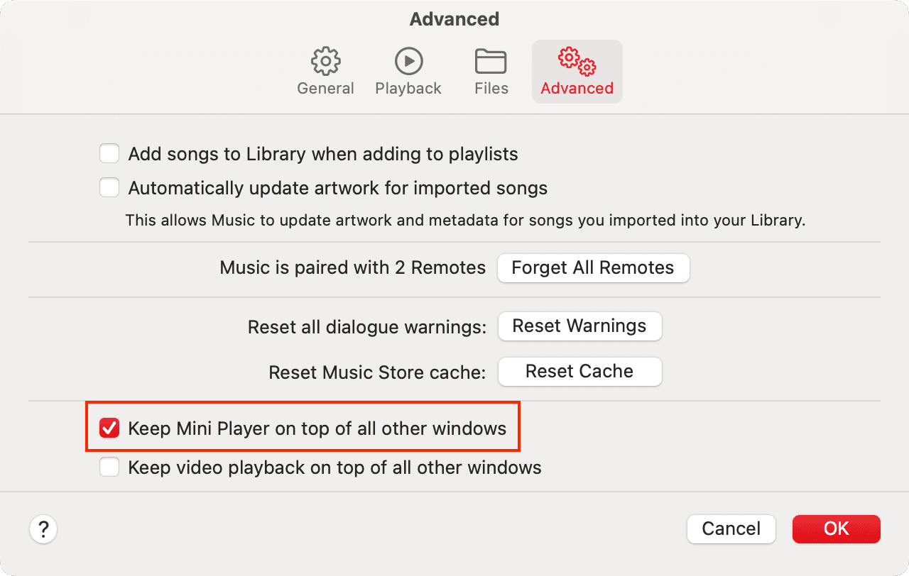 Keep Mini Player on top of all other windows on Mac