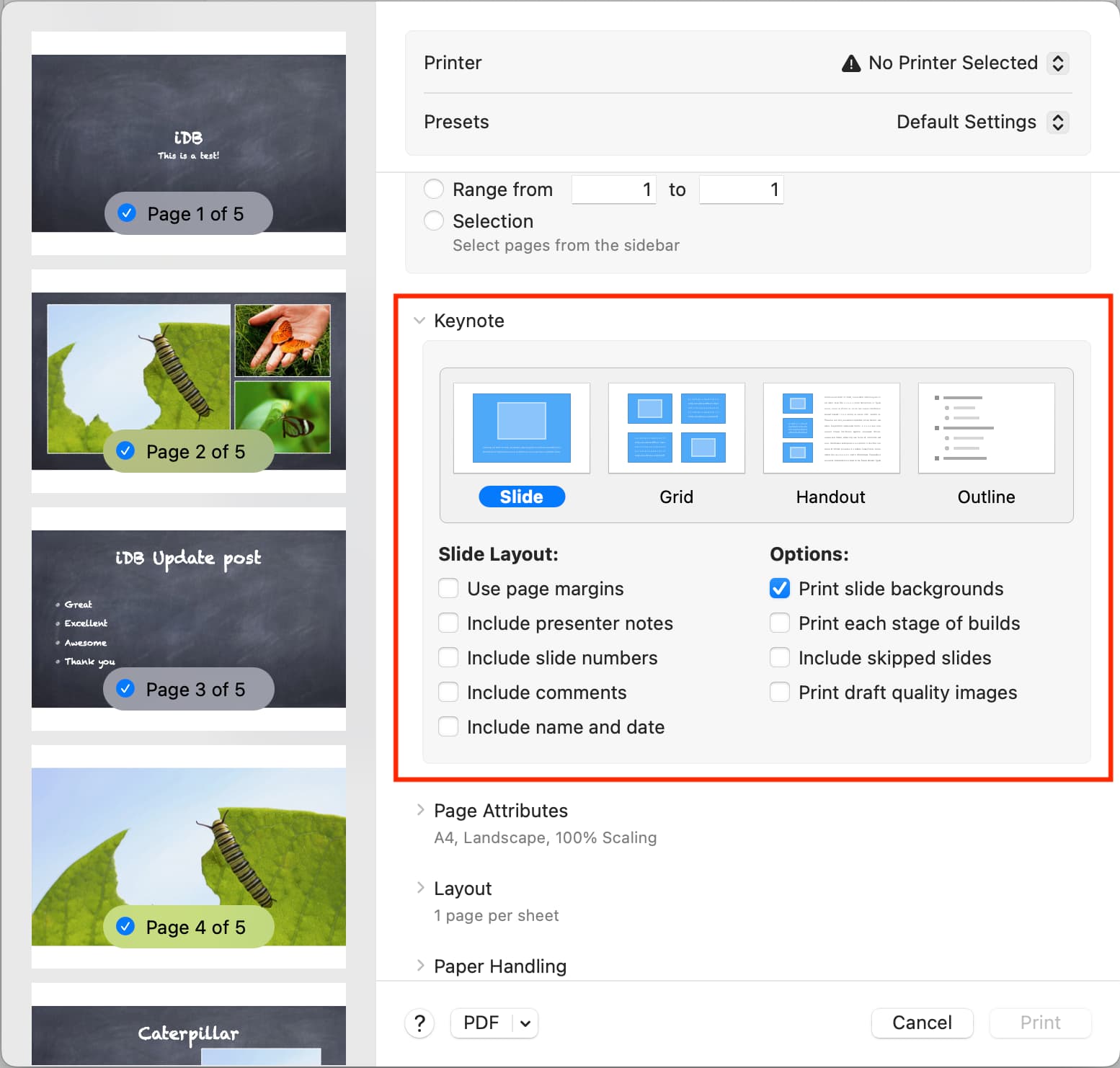Keynote settings and layouts while printing on Mac