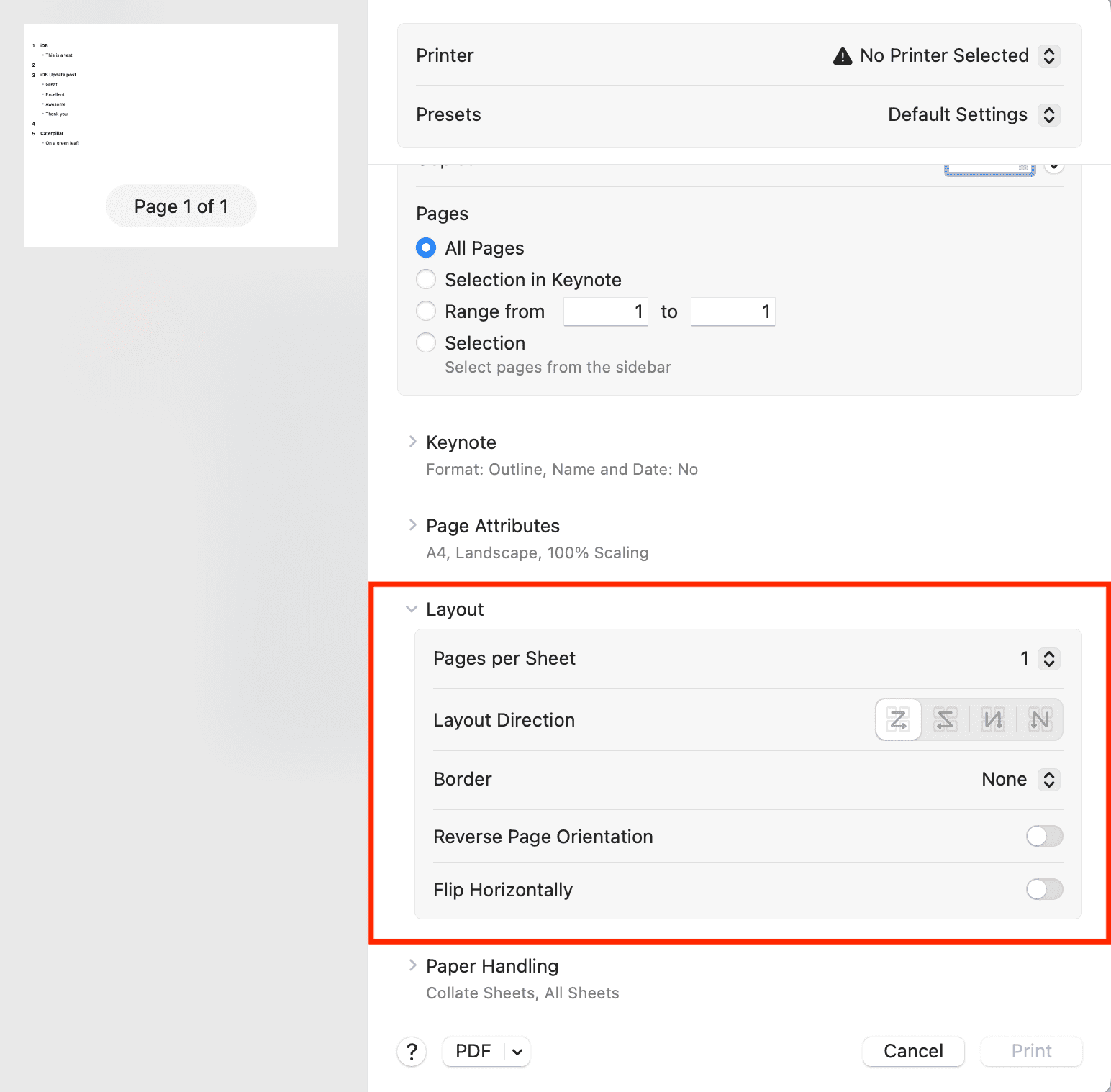 Layout settings while printing in Keynote on Mac