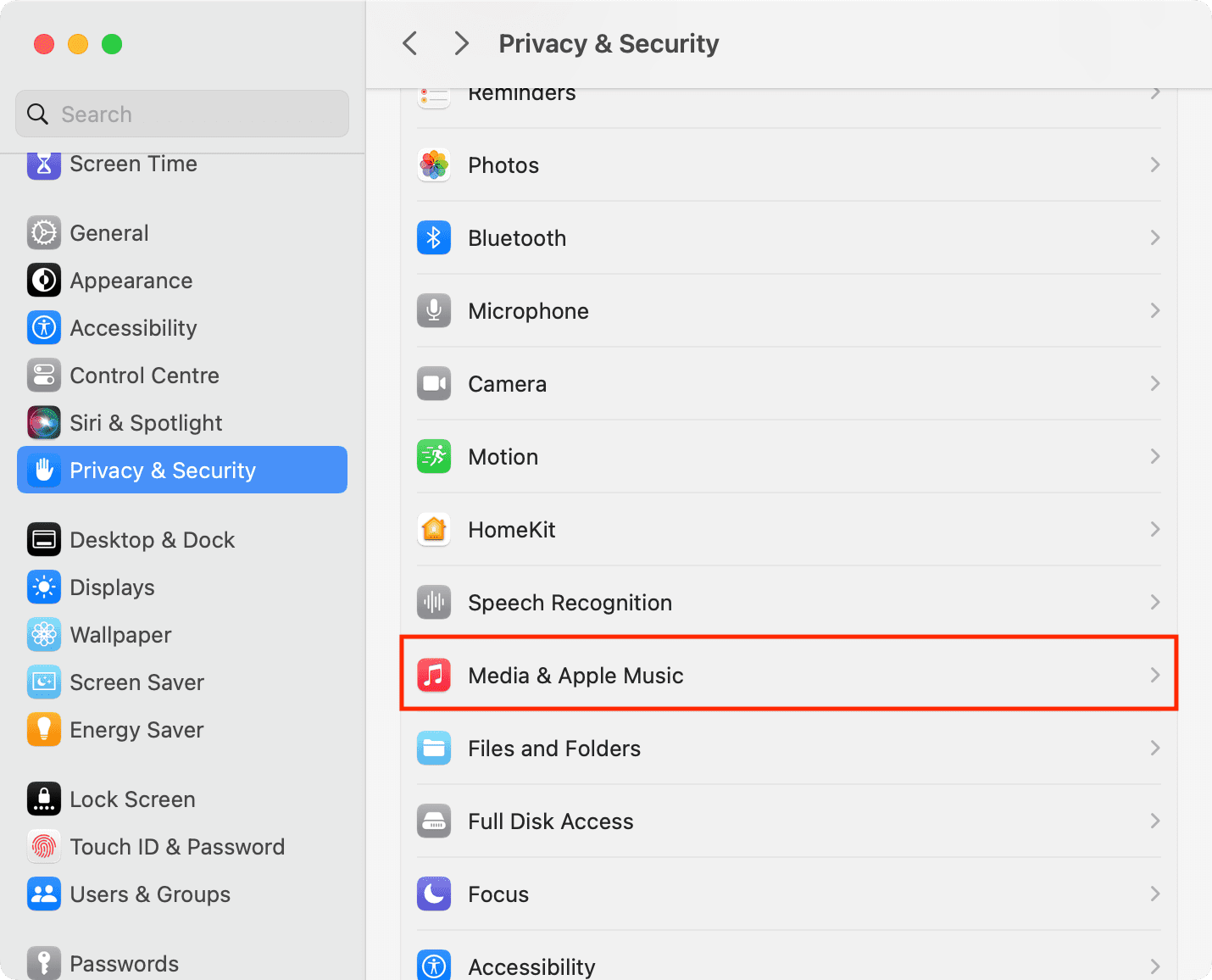 Media and Apple Music in Privacy settings on Mac