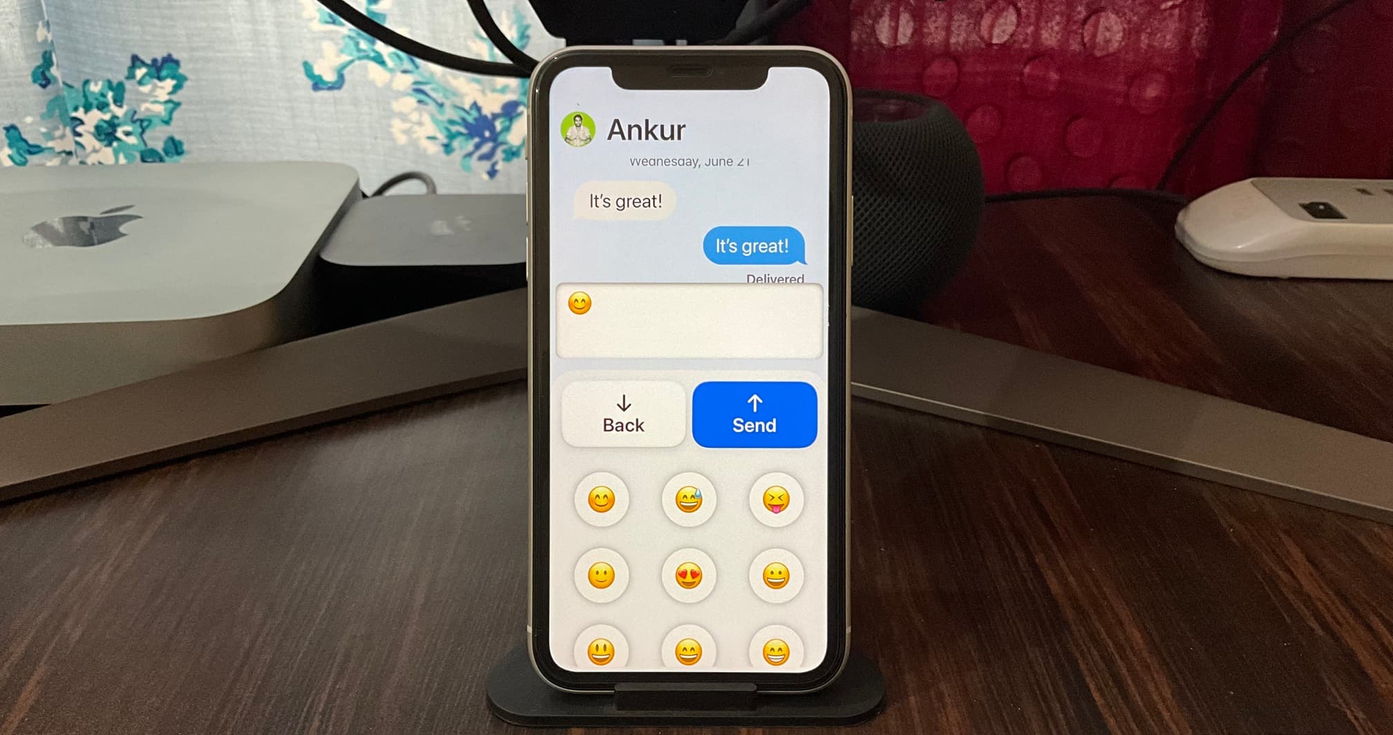 Messages app with big back and send buttons during Assistive Access on iPhone