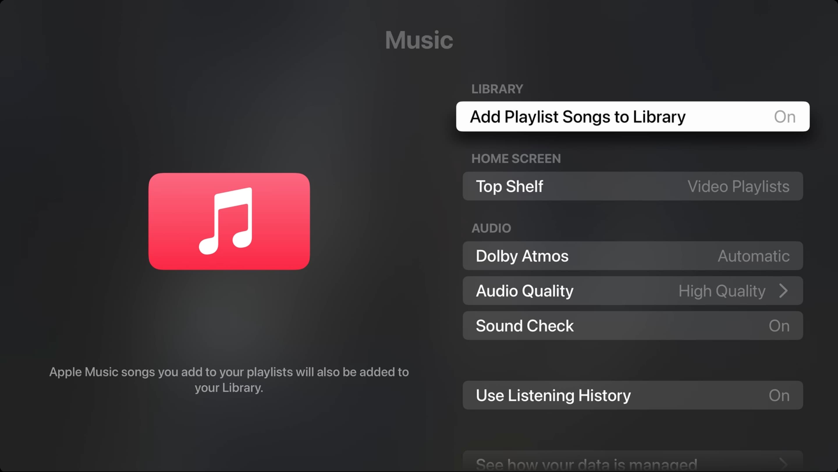Music settings on Apple TV