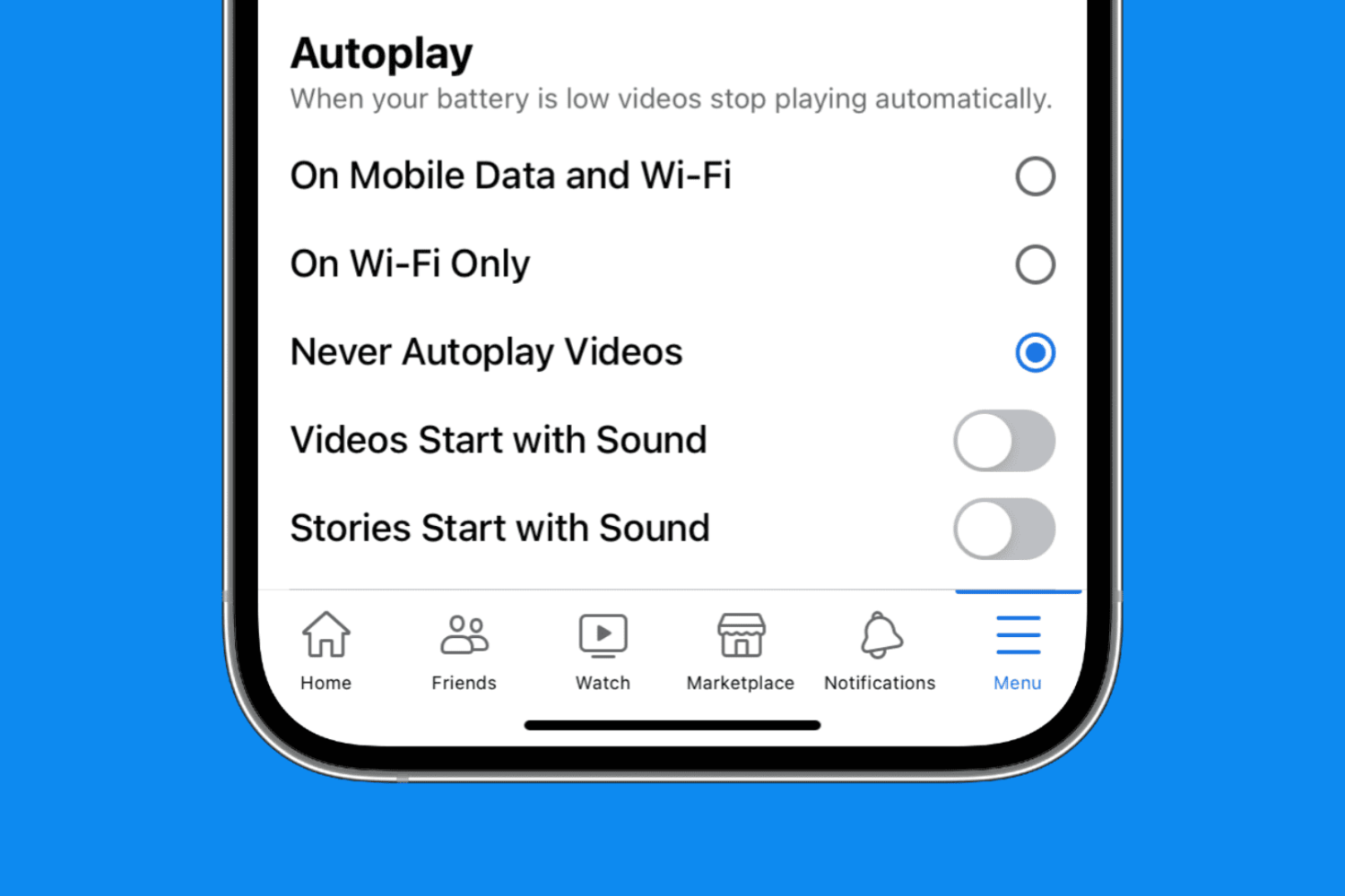 Turn off video autoplay in Facebook app on iPhone