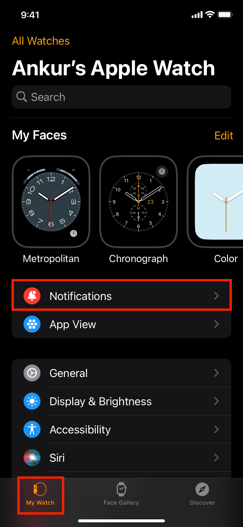 Notifications in My Watch section of iOS Watch app