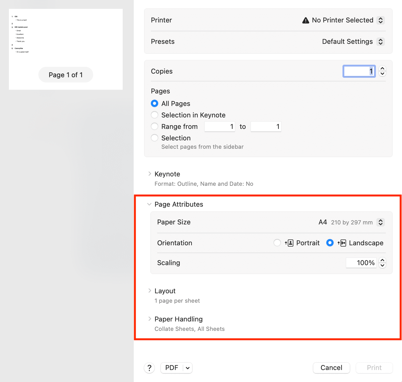 Page Attributes while printing in Keynote on Mac