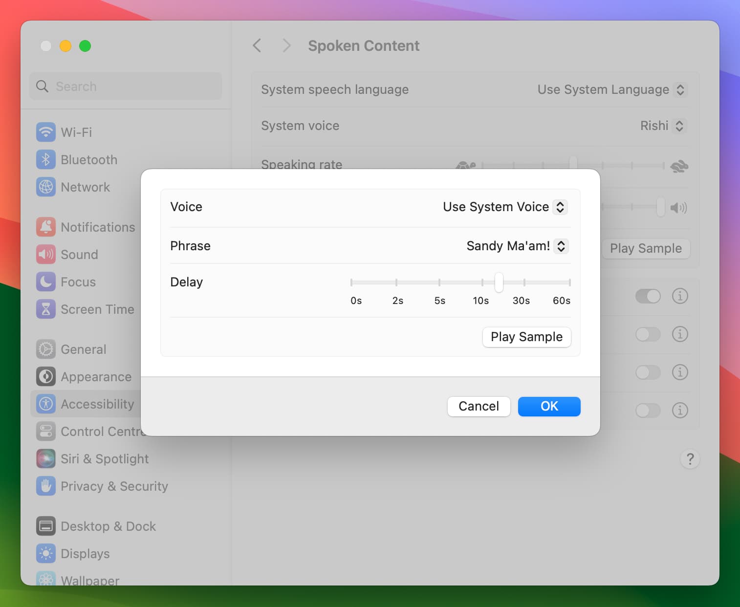 Play sample and click ok for Speak announcements on Mac