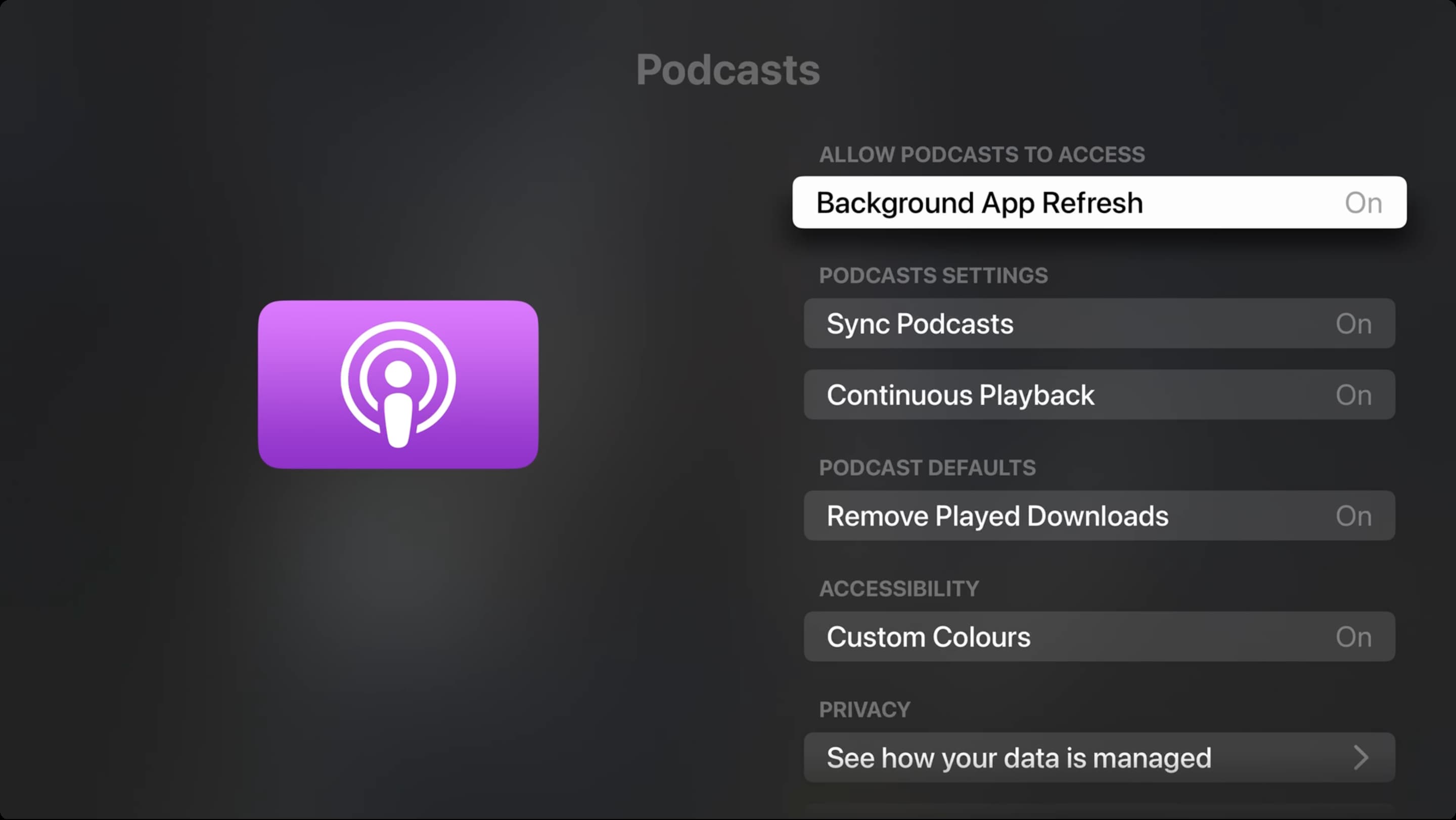 Podcasts settings on Apple TV