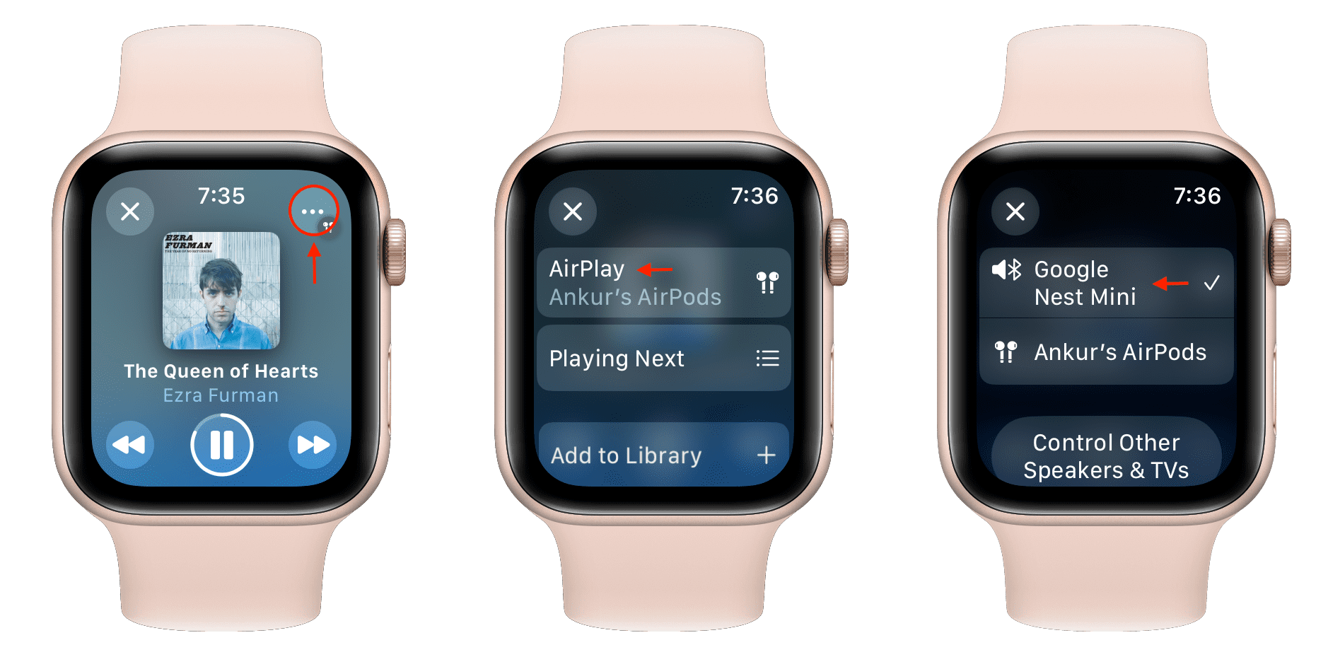 Select audio destination for Apple Watch music playback