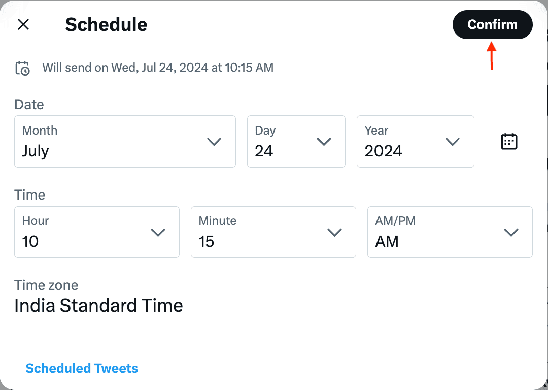 Set date and time for scheduled tweet