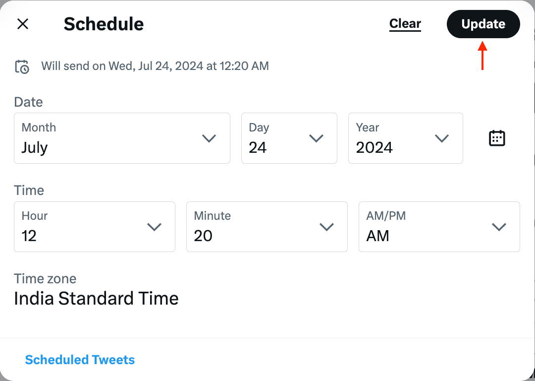Set new date and time for scheduled tweet on Twitter