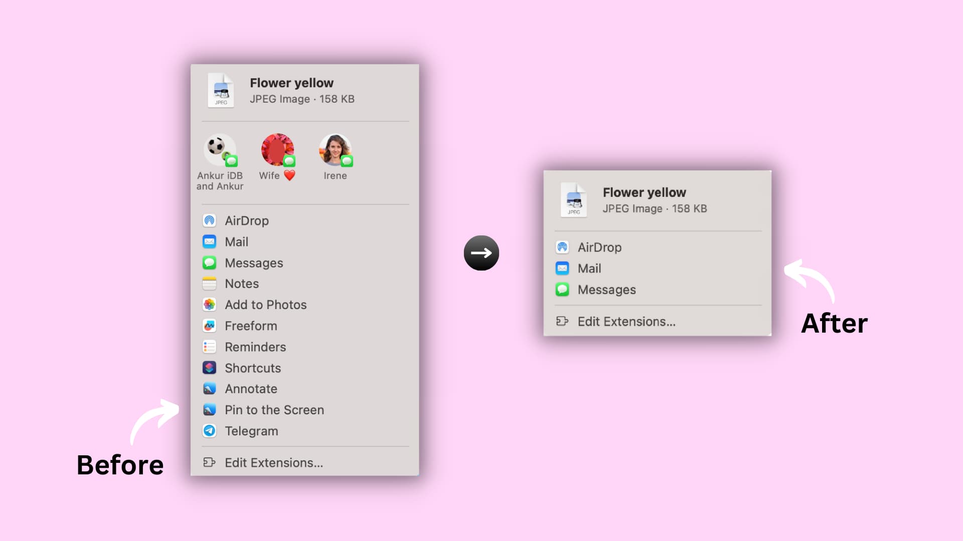 A long sharing menu on Mac with several options and a short share menu with just three options