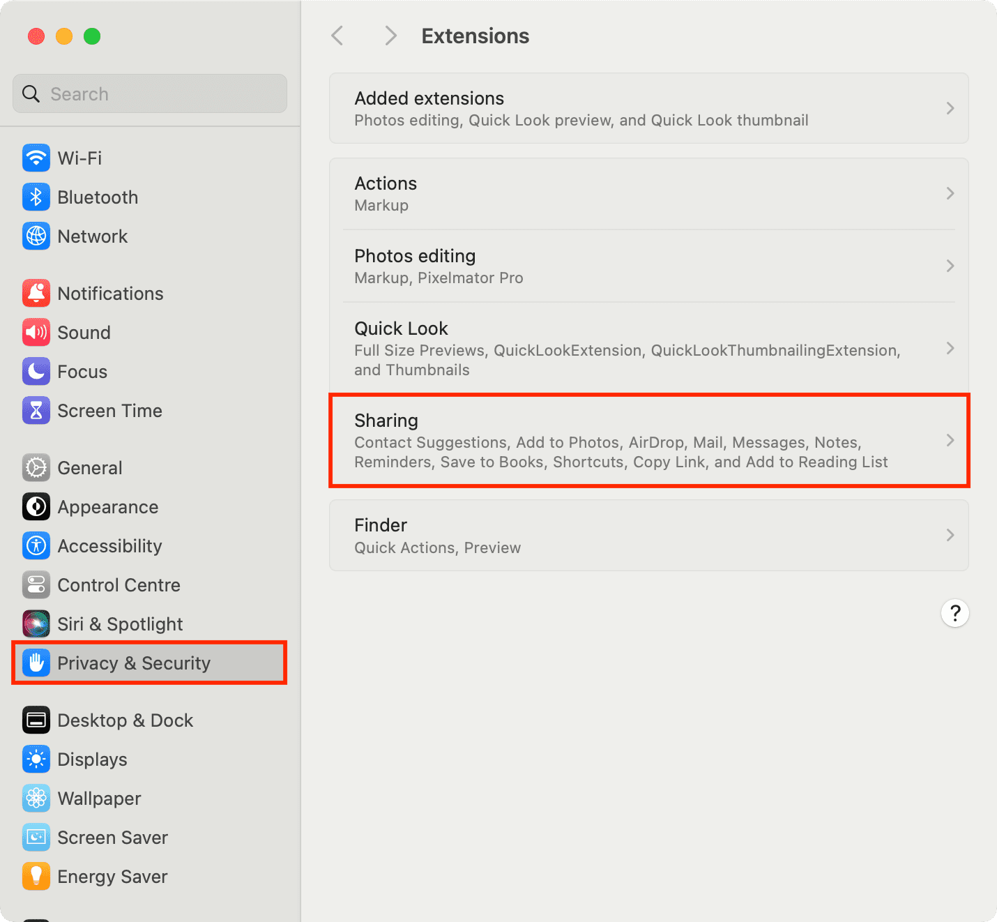 Sharing option in Mac Extensions settings