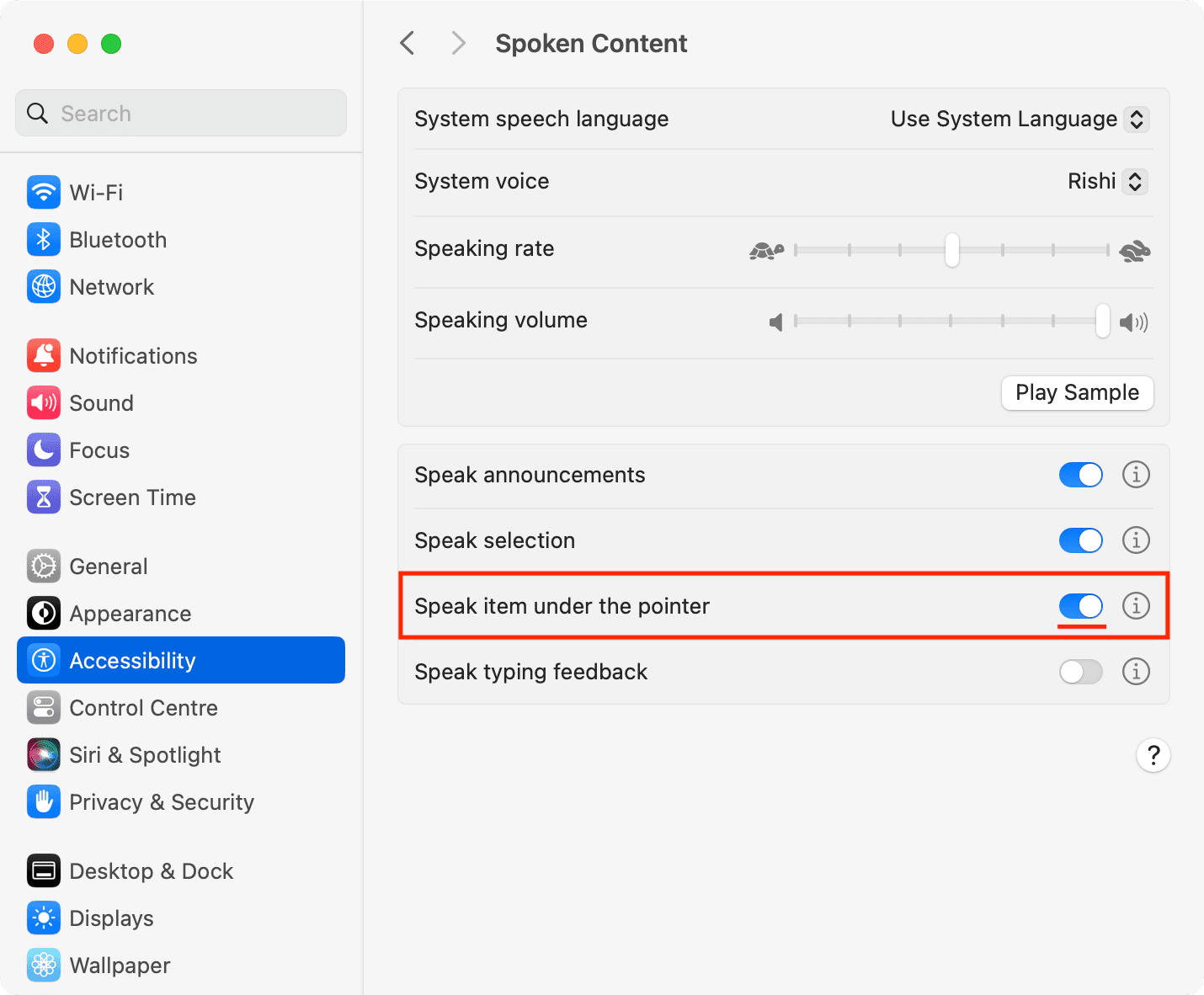 Speak item under the pointer in Mac Spoken Content accessibility settings