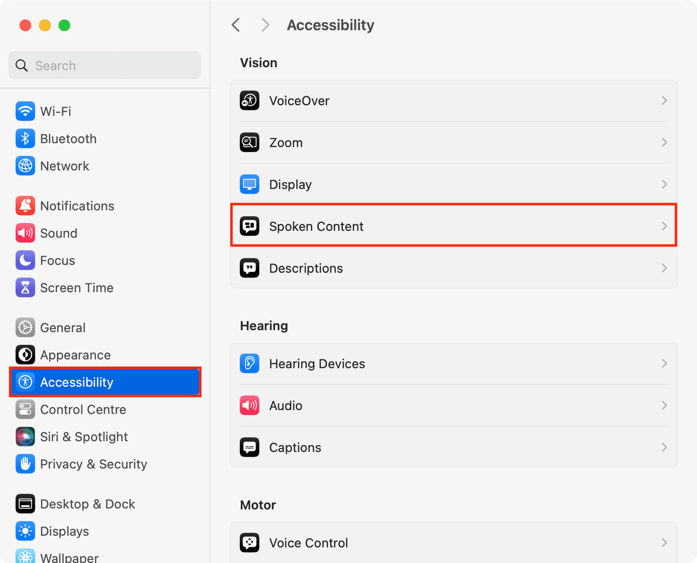 Spoken Content in Mac Accessibility settings