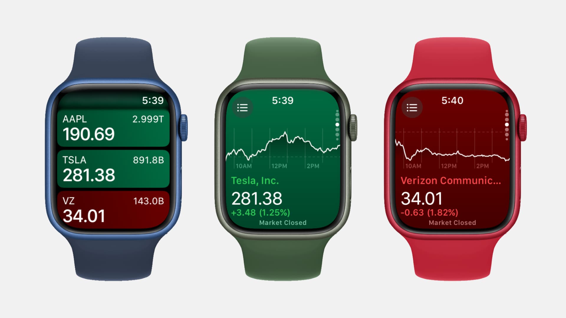 Three Apple Watch mockups showing the Stocks app