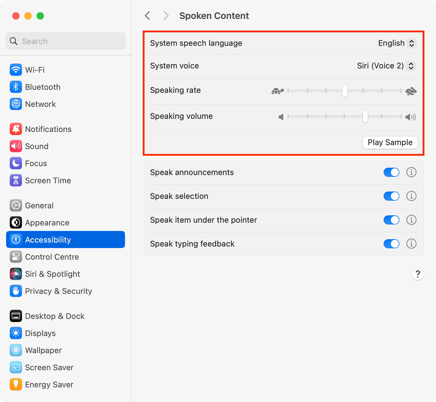 System speech language in Spoken Content accessibility settings on Mac