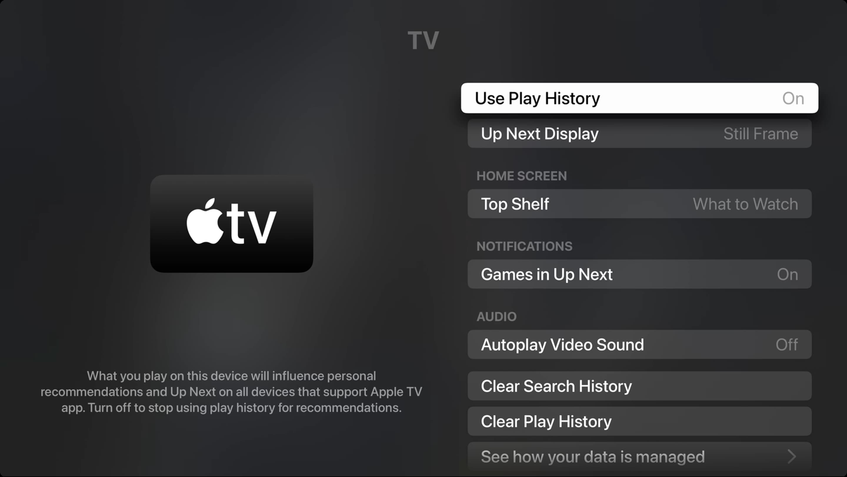 TV app settings on Apple TV