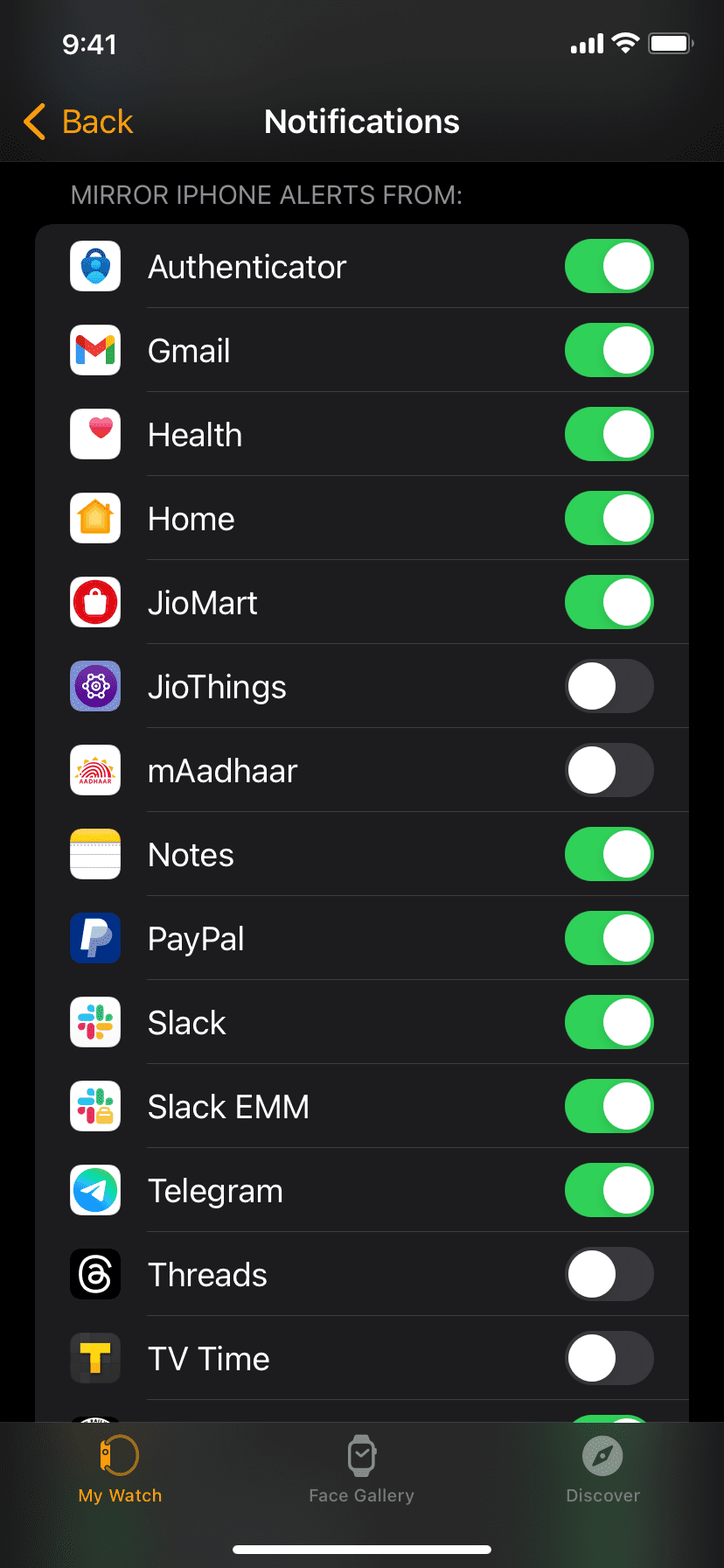 Third party apps in Notifications settings of Watch app