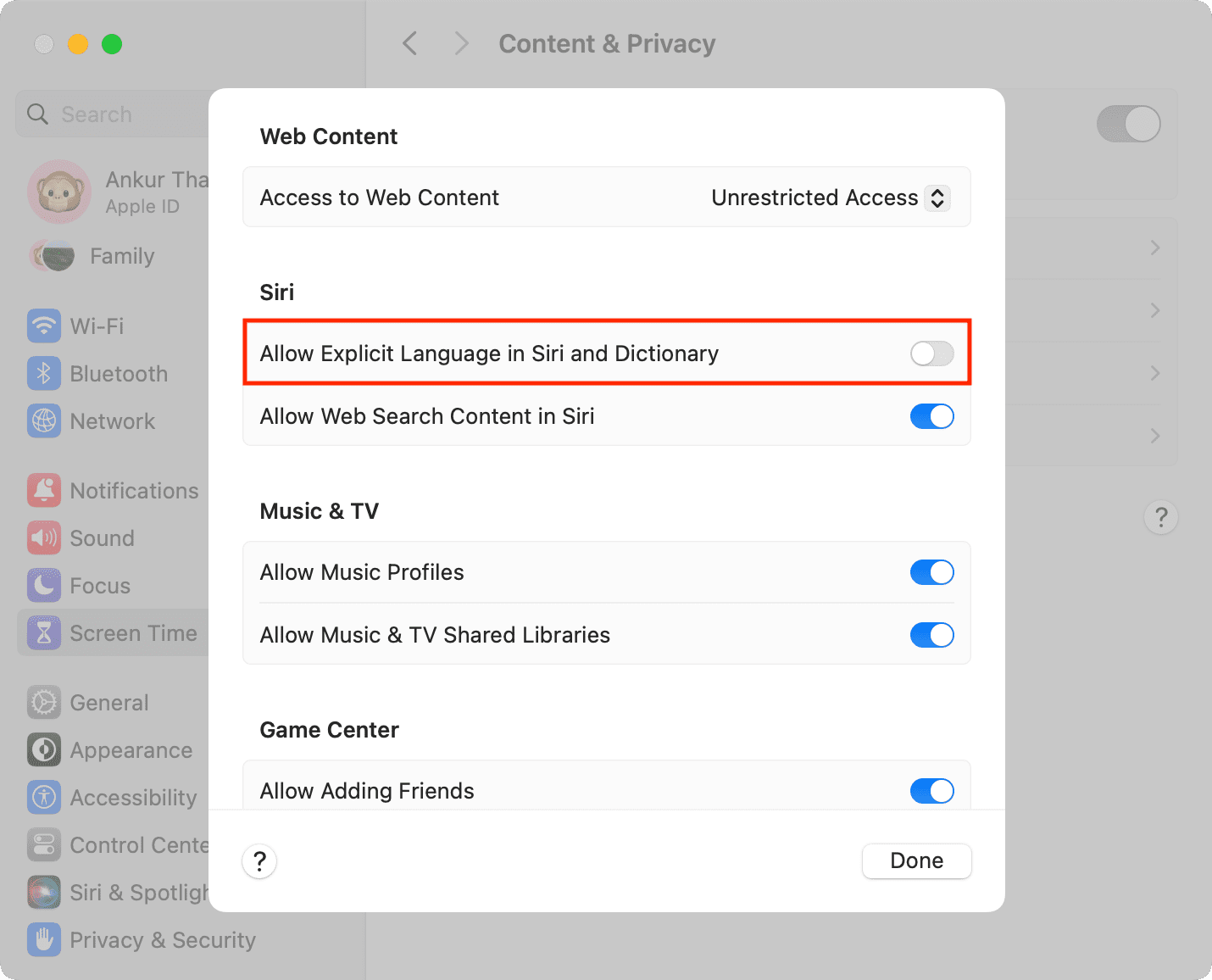 Turn off Allow Explicit Language in Siri and Dictionary in Mac settings