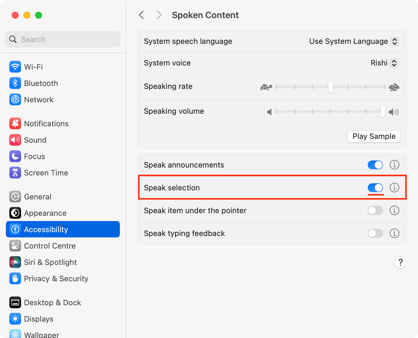 Turn on Speak selection in Mac Spoken Content settings