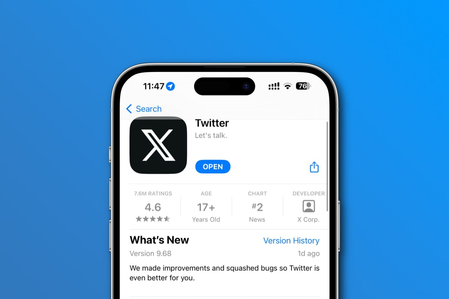 Twitter's App Store listing following X rebrand