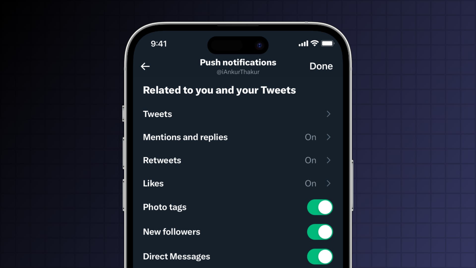Twitter notifications settings on iPhone