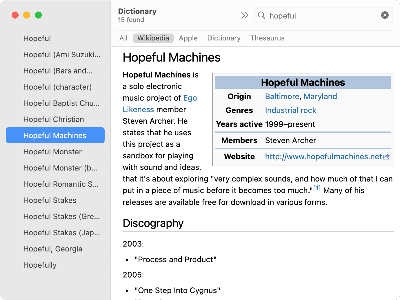 Using Wikipedia inside Dictionary app on Mac