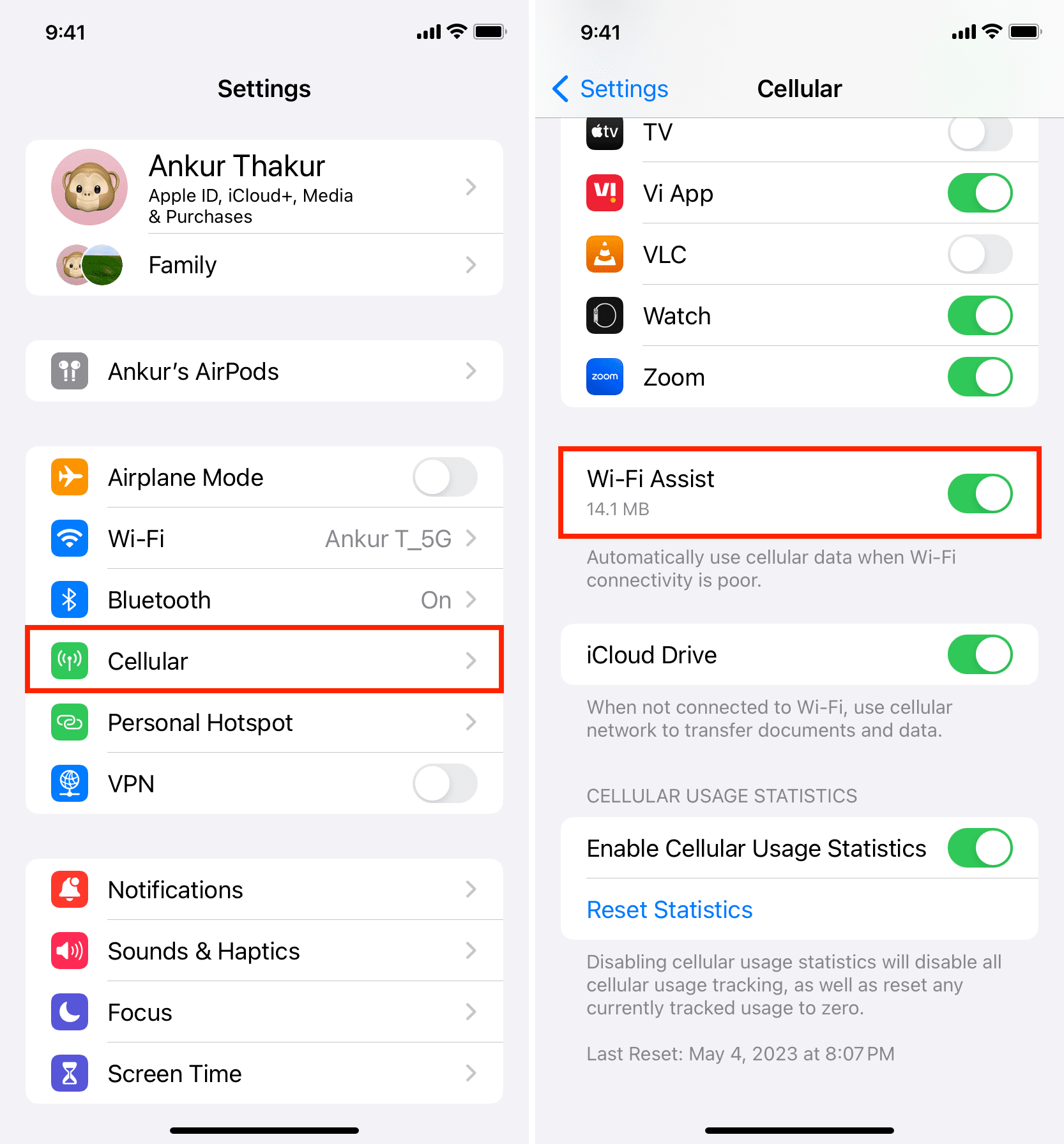 Turn on Wi-Fi Assist from iPhone Cellular settings