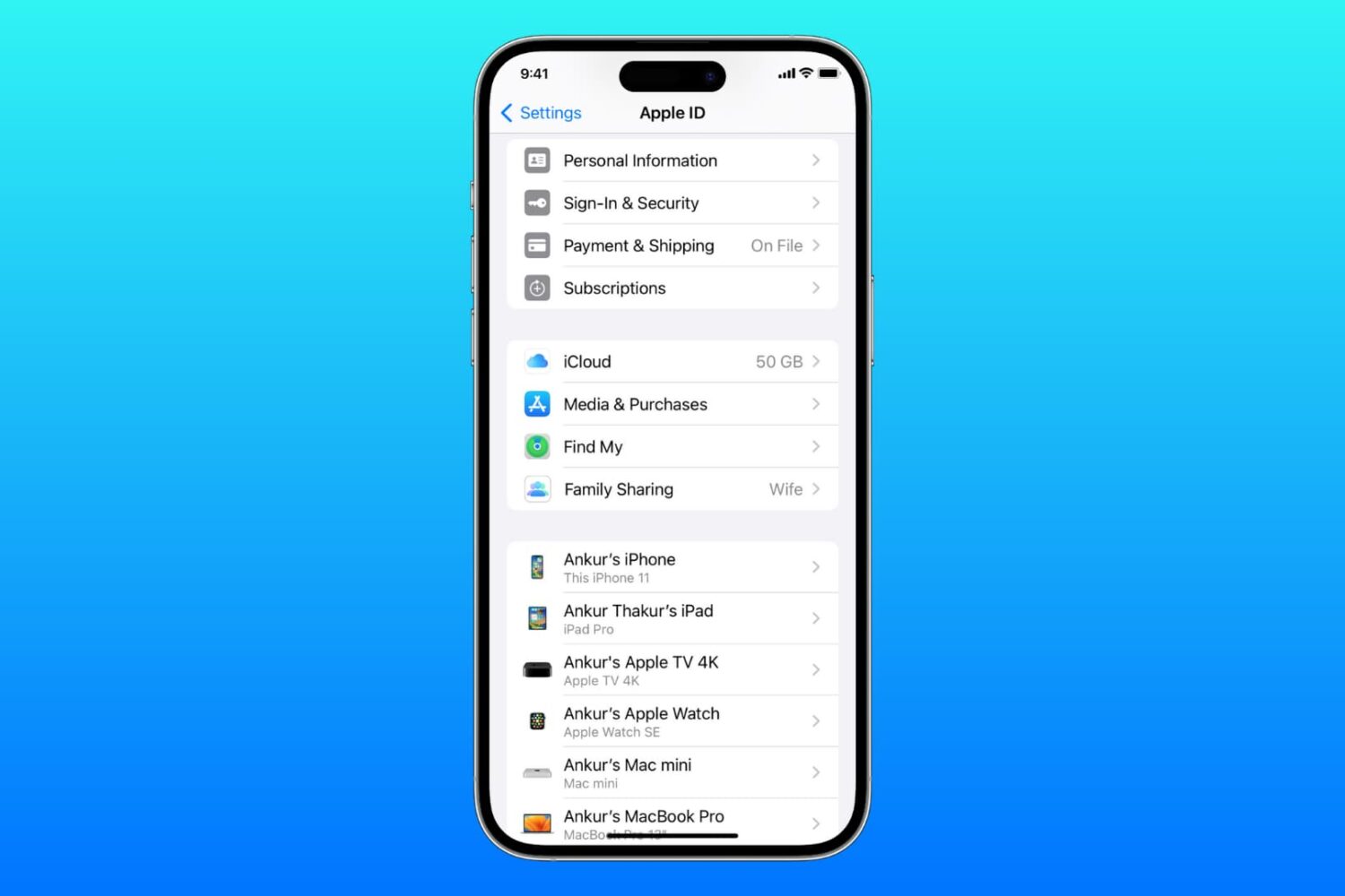 iCloud and Apple ID settings on iPhone