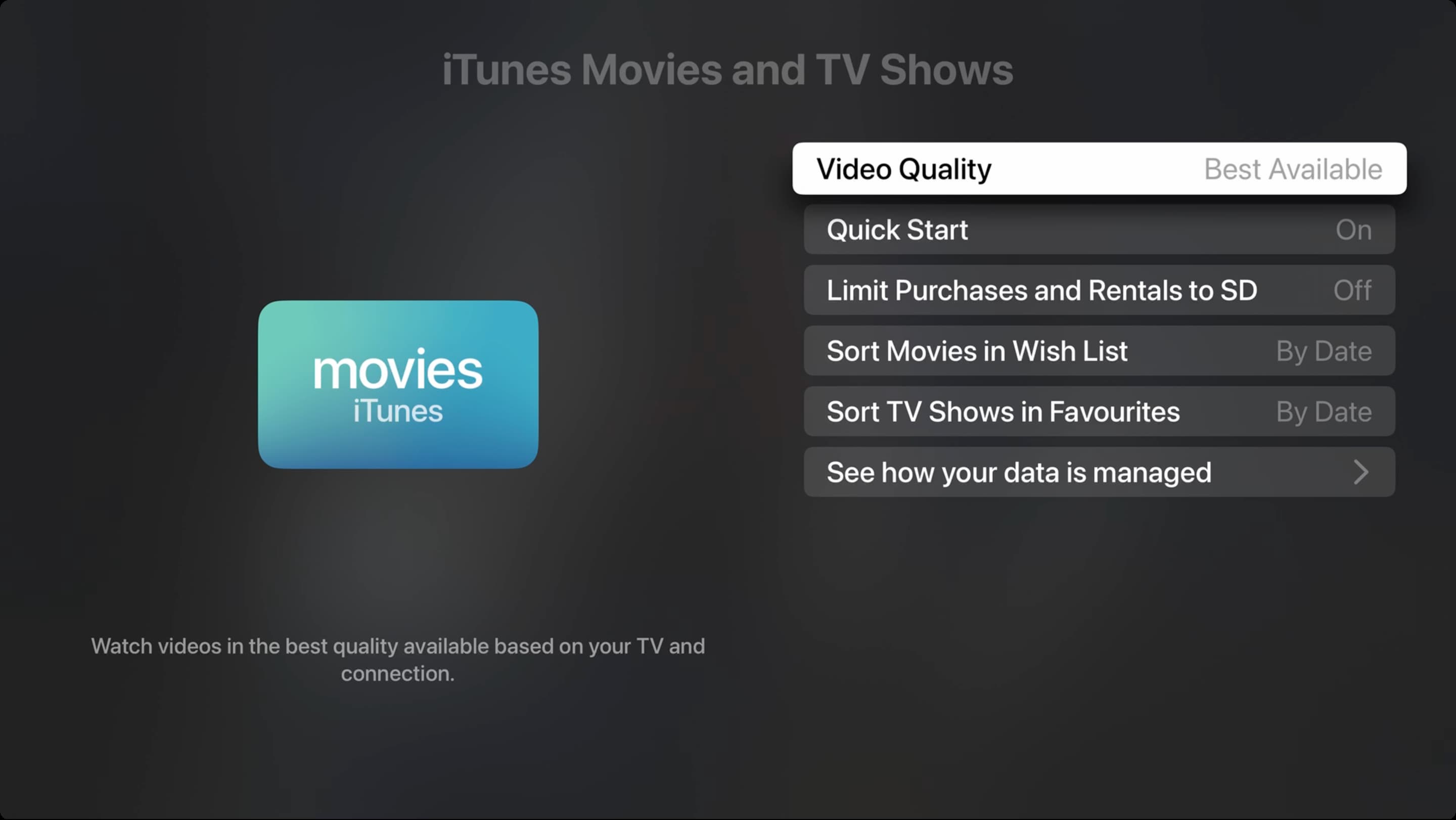 iTunes Movies and TV shows settings on Apple TV