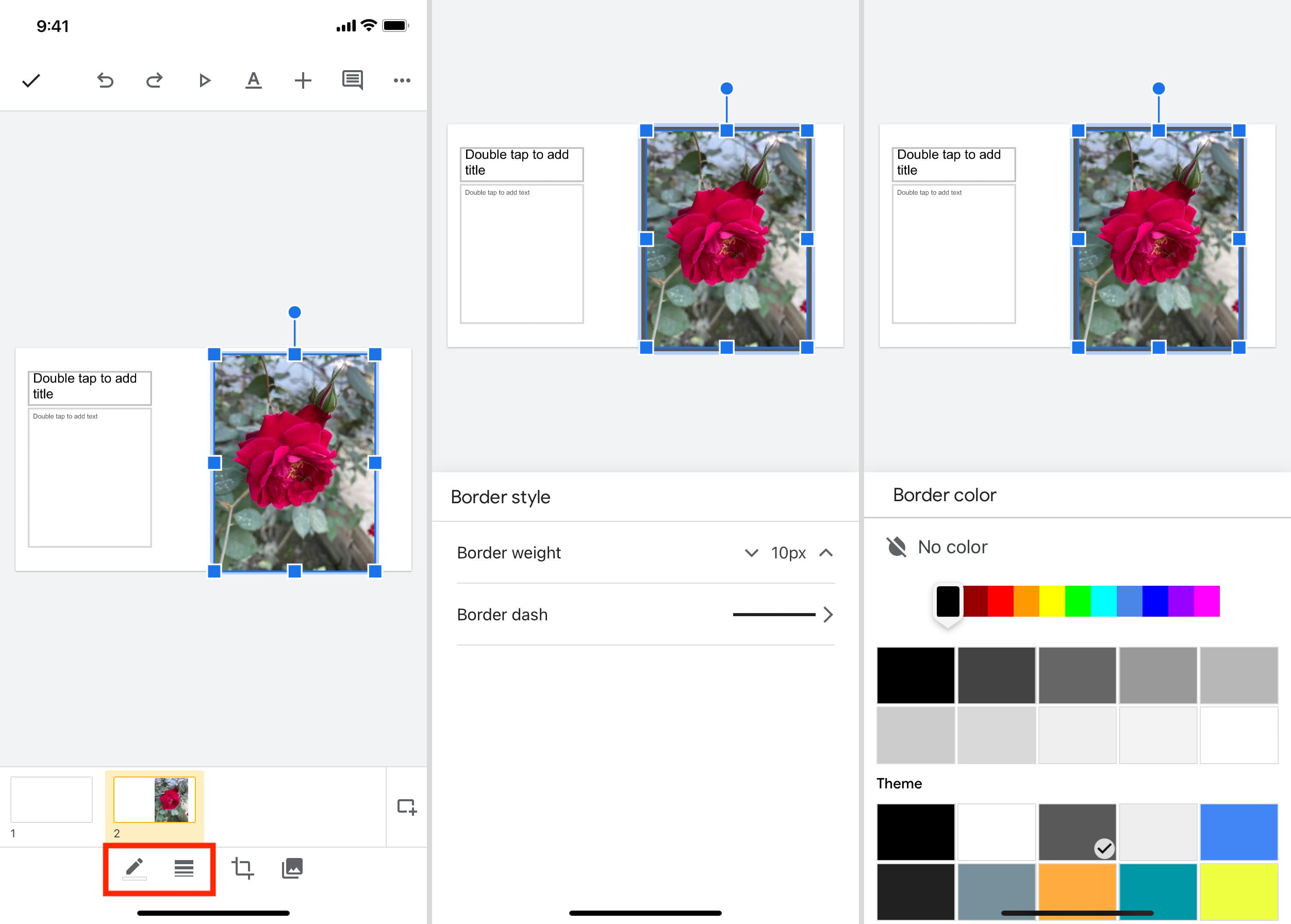 Add border to photo in Google Slides on iOS and style it