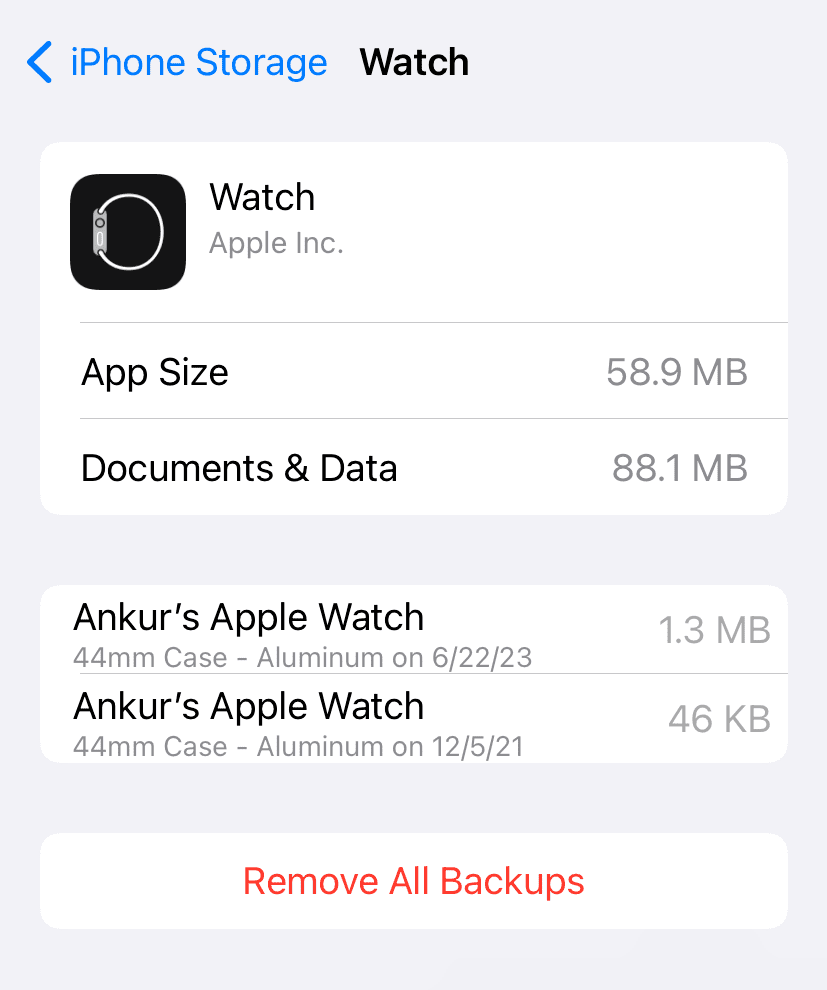Apple Watch backup in iPhone Storage settings