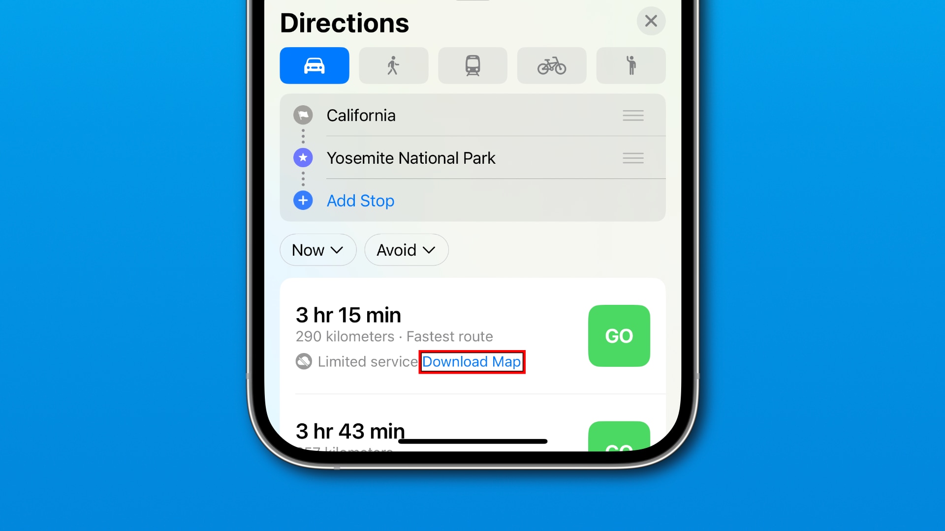The Download Map link when planning a route in iOS 17's Maps app