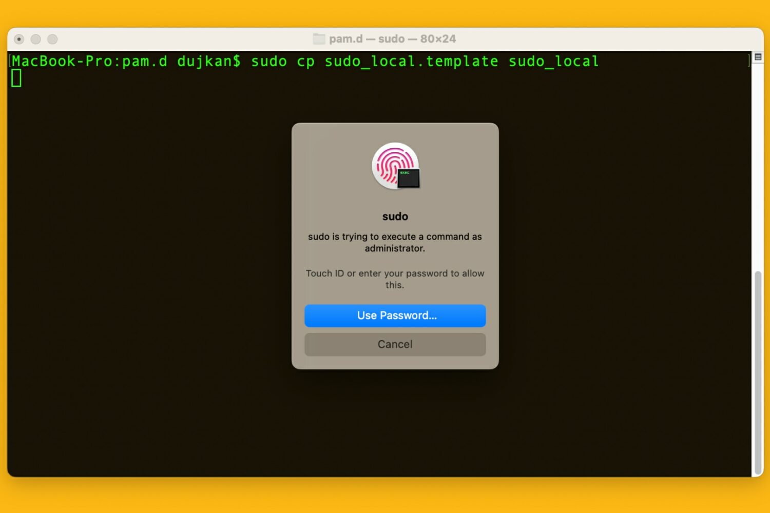 Touch ID prompt to authenticate a sudo command in macOS Terminal