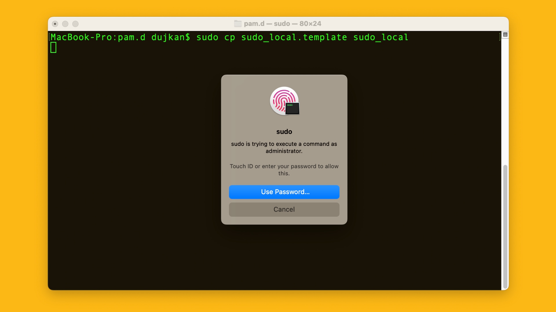 Touch ID prompt to authenticate a sudo command in macOS Terminal