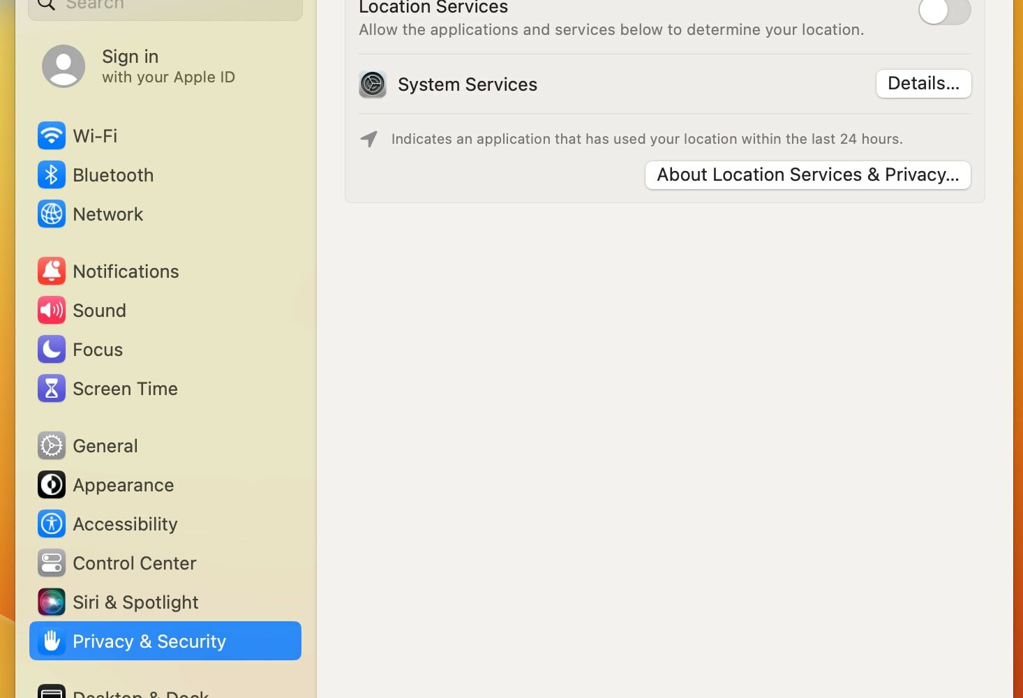 Location services settings in macOS Ventura with no apps listed