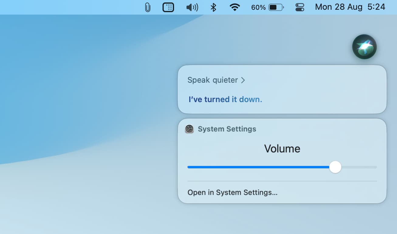 Asking Siri to adjust its volume on Mac