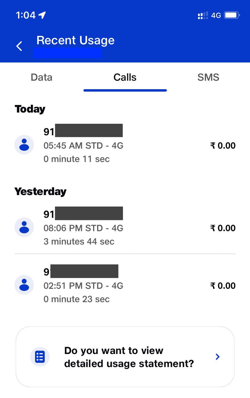 Carrier app showing my recent call record on iPhone