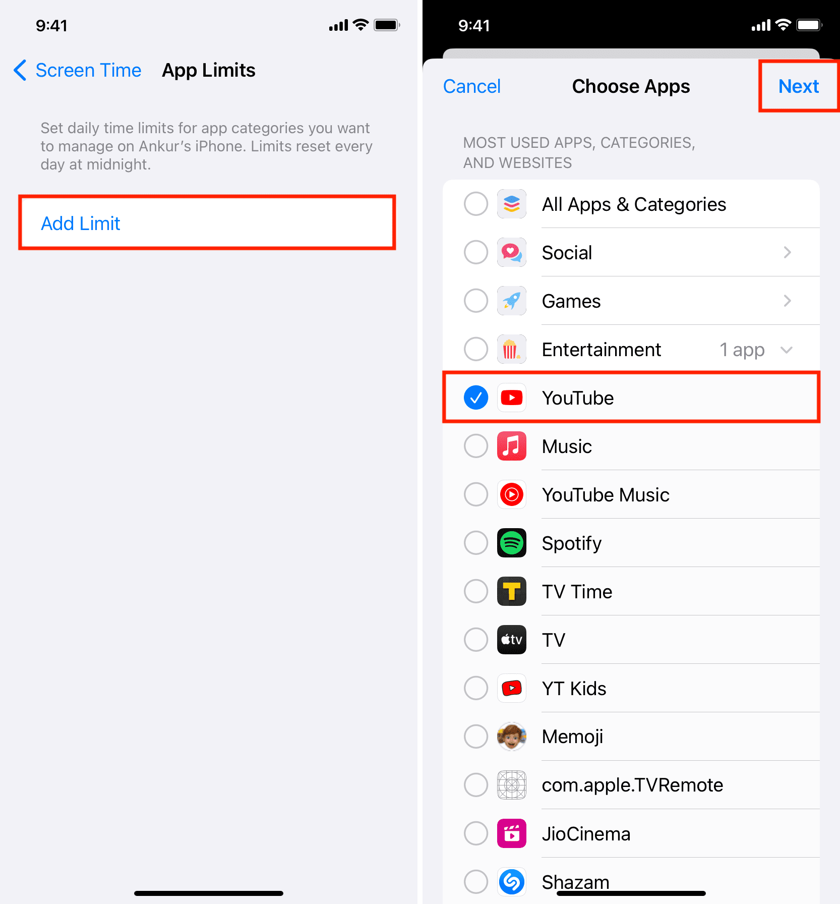 Choose YouTube to add limit on iPhone