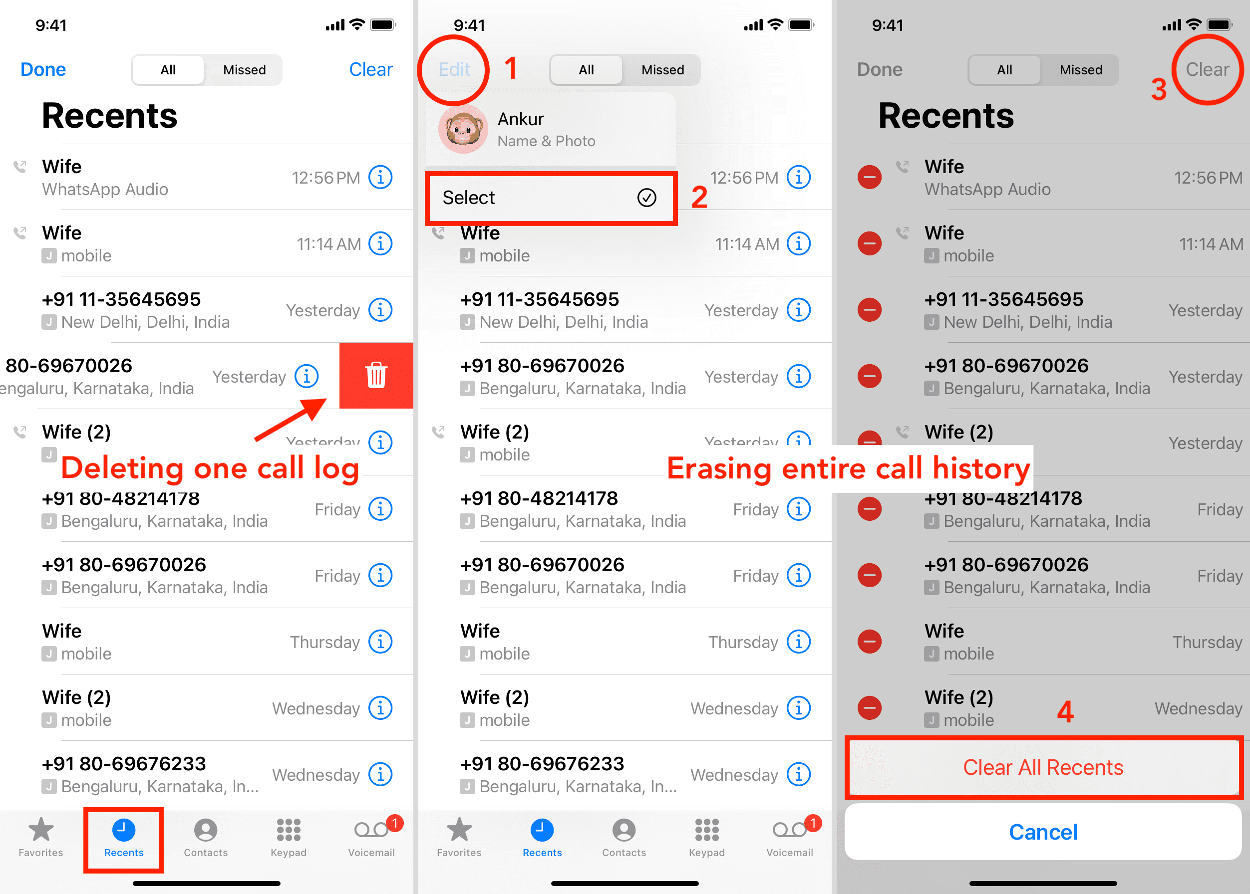 Three highlighted screenshots of the iPhone Phone app showing how to clear call history