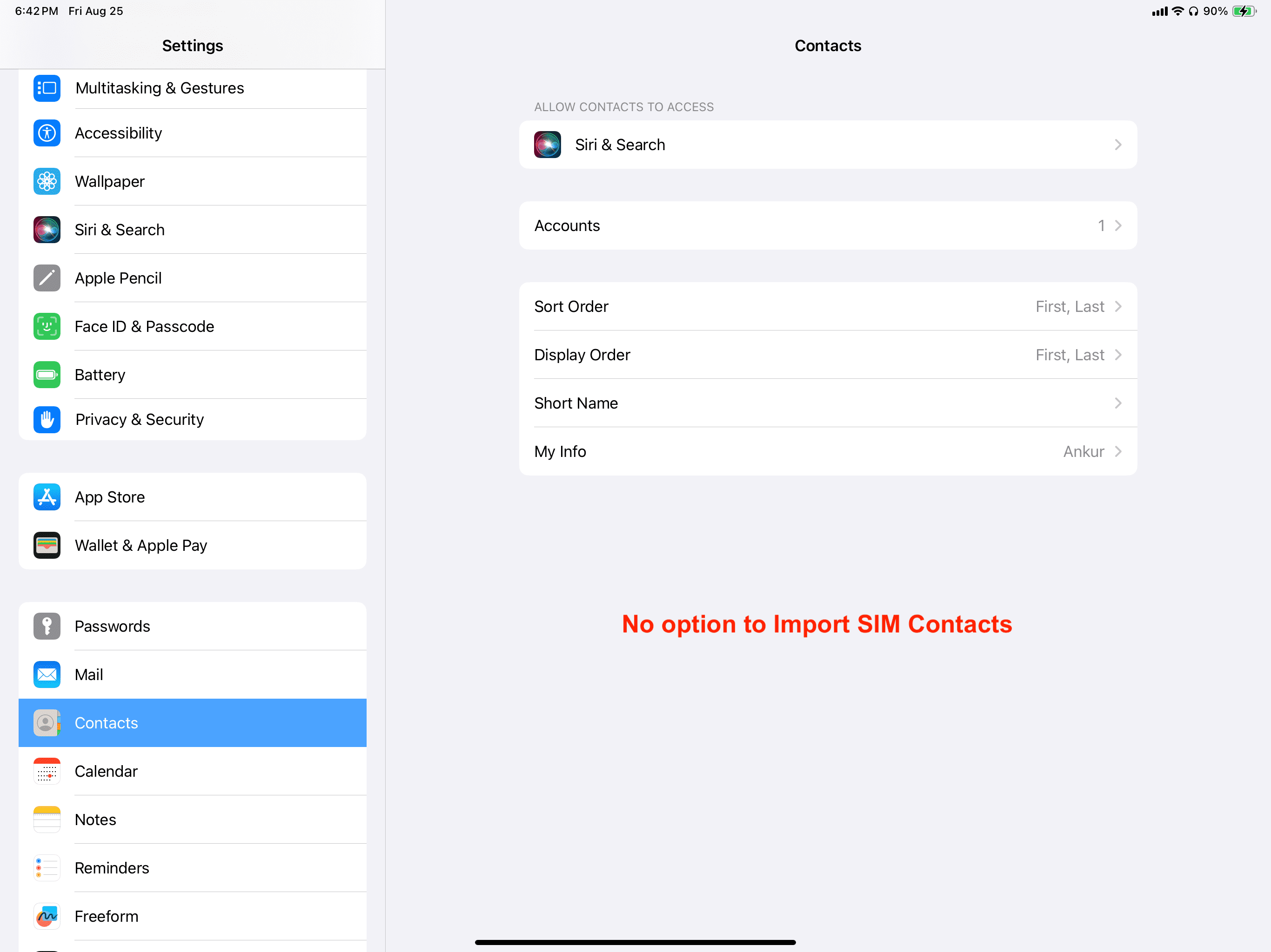 Contact settings on iPad