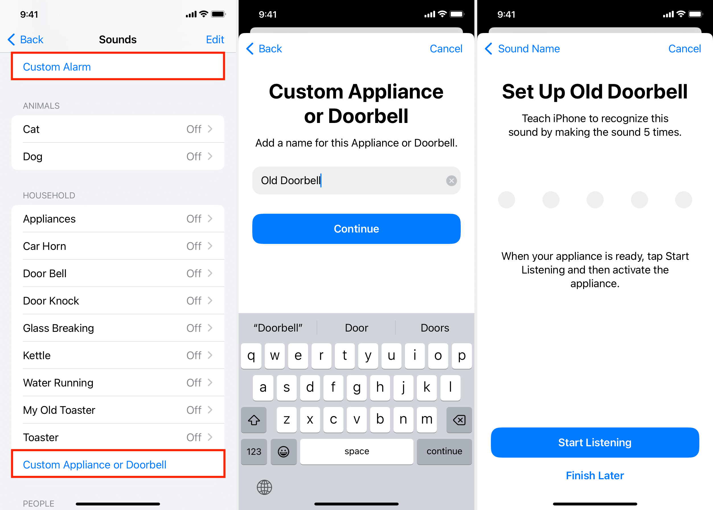Custom Appliance or Doorbell in Sound Recognition settings on iPhone