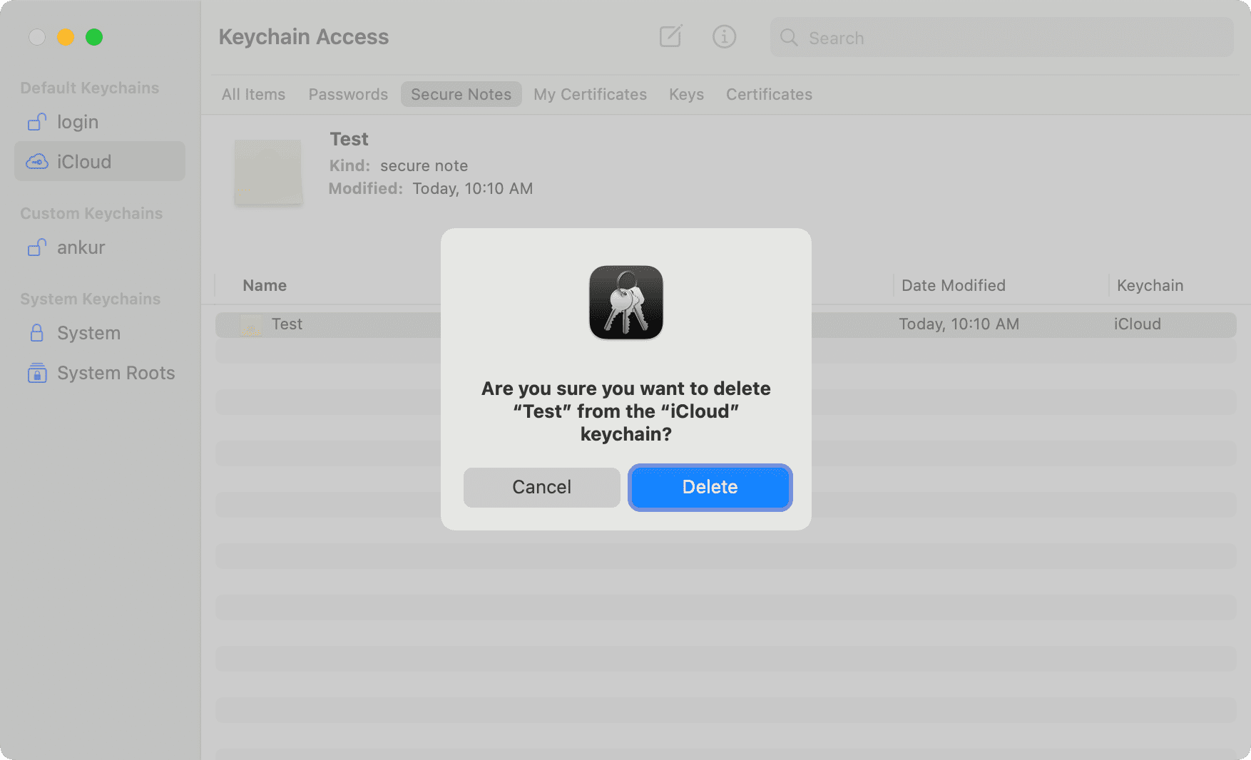 Delete Secure Note from Keychain Access on Mac
