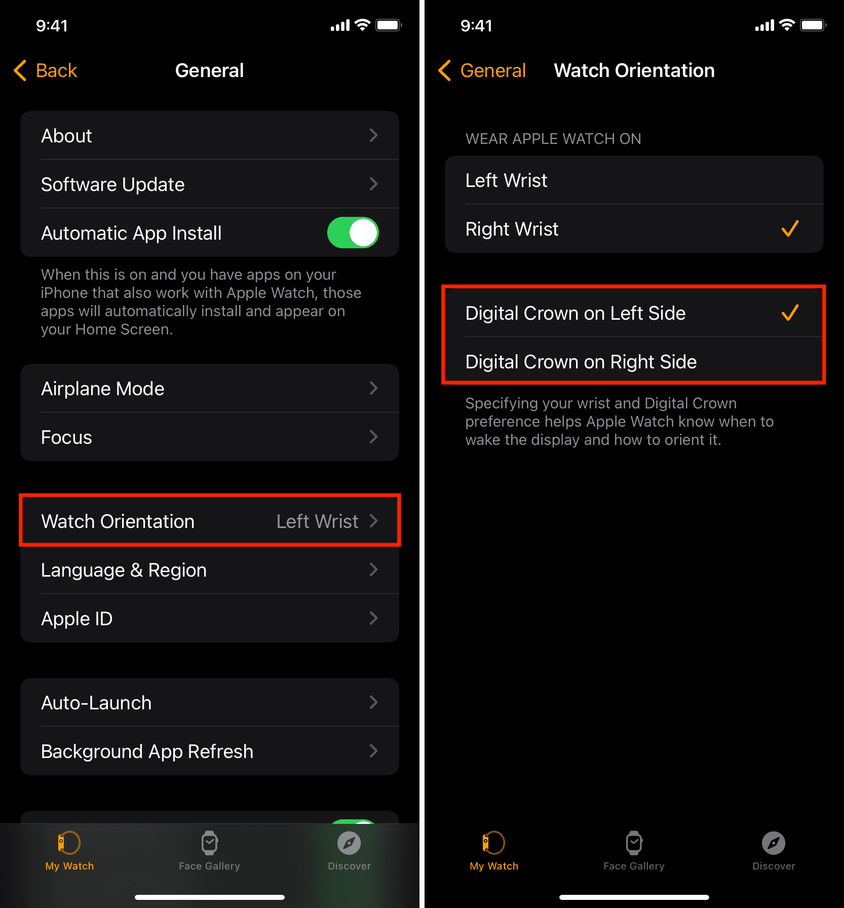 Digital Crown on Left Side in Watch app settings