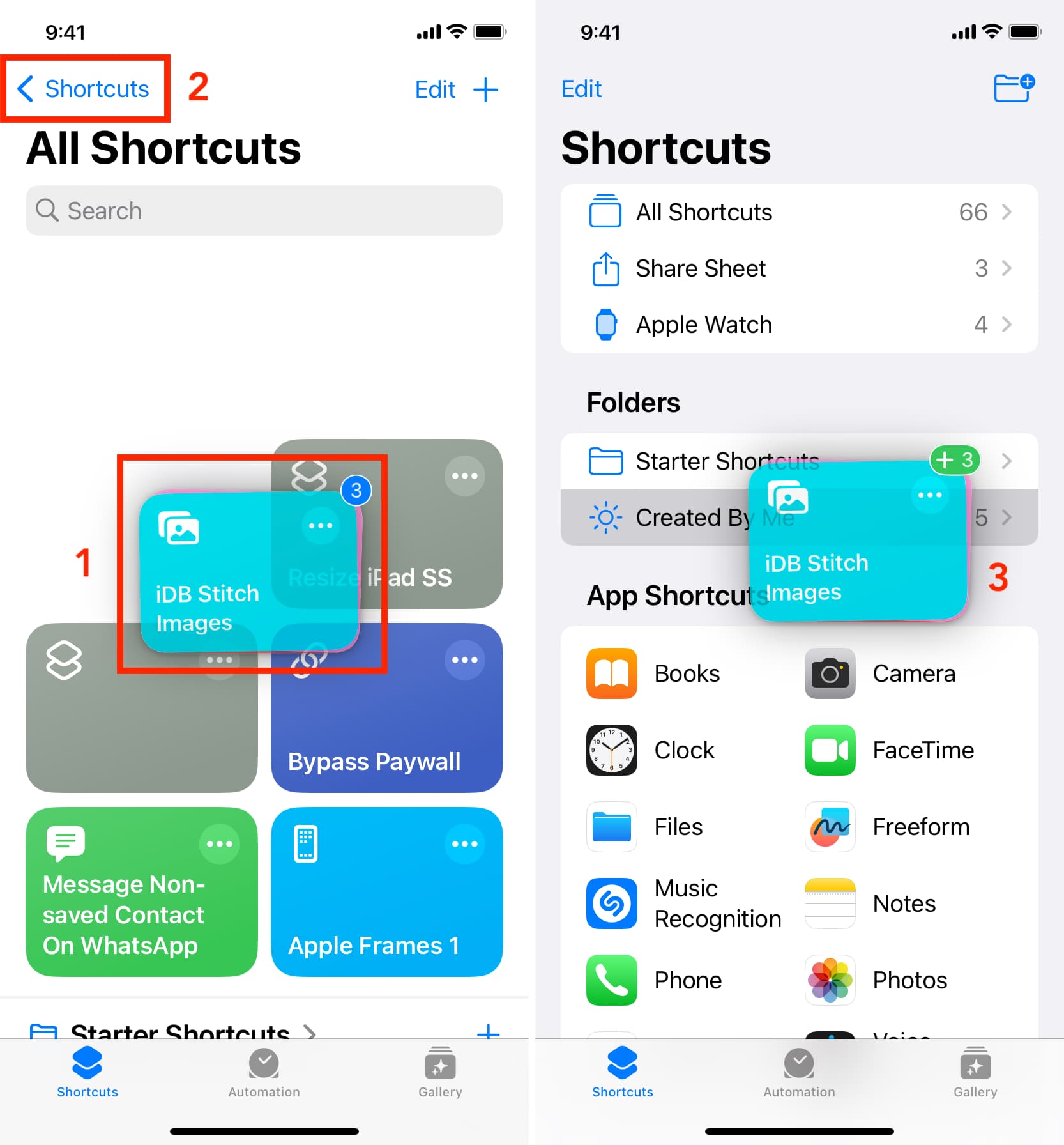 Two iPhone screenshots showing how to drag and drop iOS shortcuts onto a folder