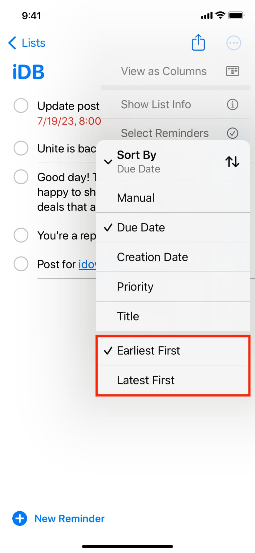 Earliest First and Latest First sorting in Reminders on iPhone