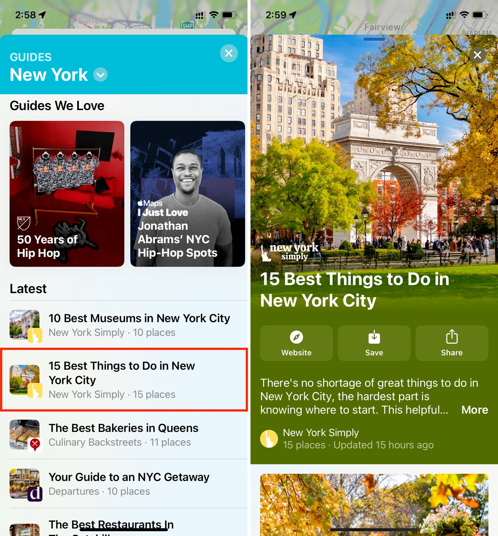 Exploring guides for New York in Apple Maps on iPhone