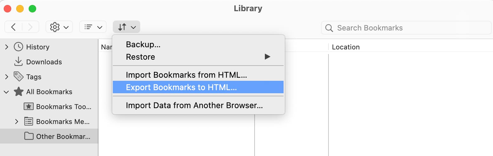 Export Bookmarks to HTML in Firefox