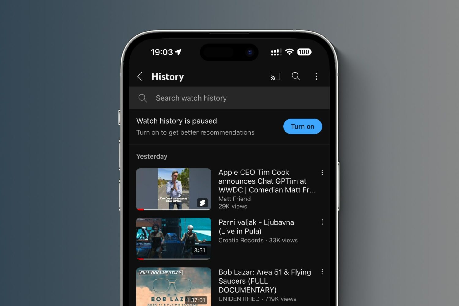 YouTube for iPhone showing watch history
