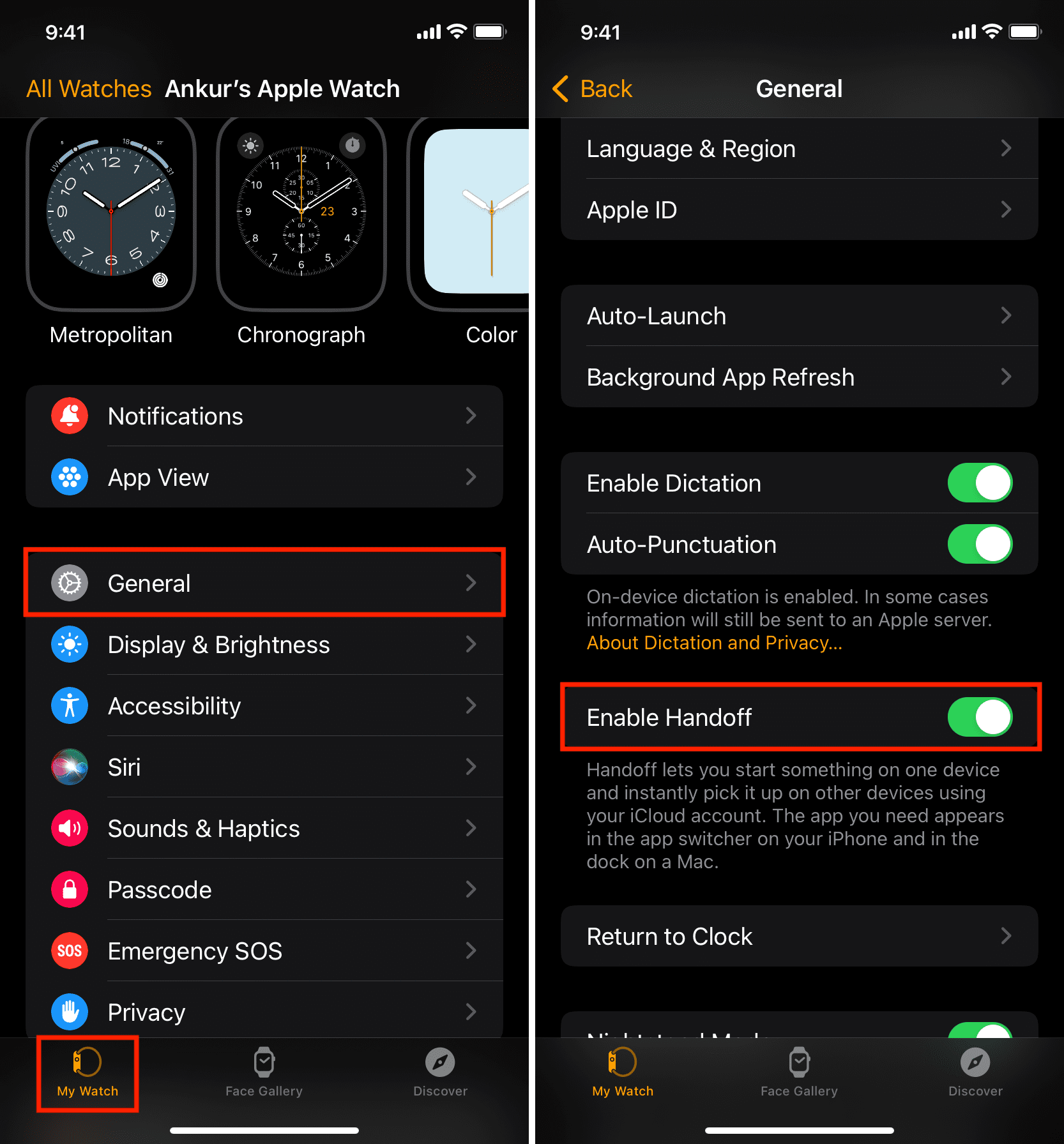 Apple Watch Handoff settings in iPhone Watch app